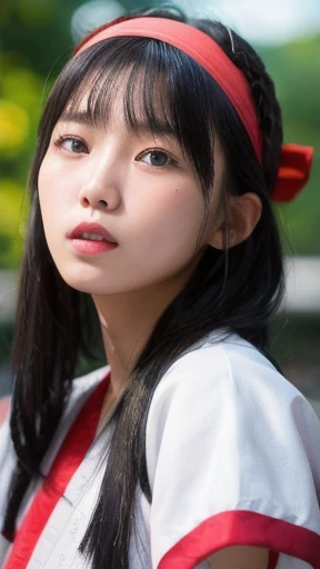 nakorurums, red bow, bow, red hairband, hairband, hair fringe, long hair, ainu clothes, pants, red boots, fingerless gloves, short sleeves, kunoichi, katana zero video game character, amaterasu, skin pores texture, cute, wrinkled skin, sharp, 15 years old, (Asian girl:1.2), (Realistic hair:1.2), (realistic eyes:1.2), (Beauty face:1.3), (detailed face and eyes):1.2, (freckles:0.5), perfect body, perfect hands, perfect face, perfect eyes, (((full body))), Best quality, ultra highres, (realistic, photo-realistic:1.33), (8k, RAW photo, best quality, masterpiece:1.2), wide shot, 135mm, Canon, UHD, textured skin, super detail, high details, high quality, best quality, highres, 16k