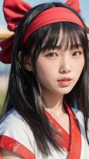 nakorurums, red bow, bow, red hairband, hairband, hair fringe, long hair, ainu clothes, pants, red boots, fingerless gloves, short sleeves, kunoichi, katana zero video game character, amaterasu, skin pores texture, cute, wrinkled skin, sharp, 15 years old, (Asian girl:1.2), (Realistic hair:1.2), (realistic eyes:1.2), (Beauty face:1.3), (detailed face and eyes):1.2, (freckles:0.5), perfect body, perfect hands, perfect face, perfect eyes, (((full body))), Best quality, ultra highres, (realistic, photo-realistic:1.33), (8k, RAW photo, best quality, masterpiece:1.2), wide shot, 135mm, Canon, UHD, textured skin, super detail, high details, high quality, best quality, highres, 16k