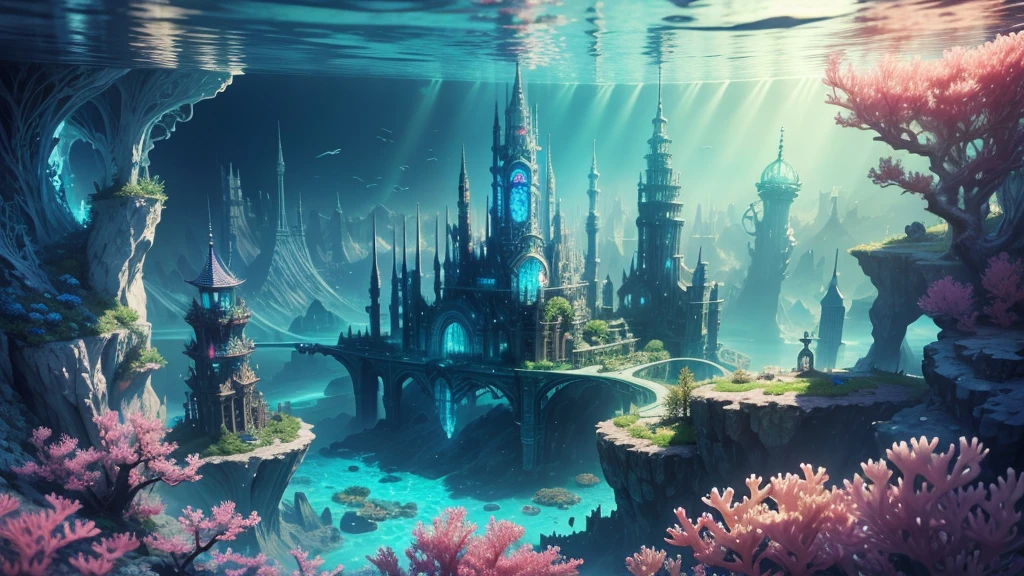 HDR super resolution 4k, 8K, Underwater Glass City, Underwater glass metropolis, A fantasy city coexisting with the sea, Coral and Plant Maria, Volumetric lighting, Bright colors, Fantasy colors