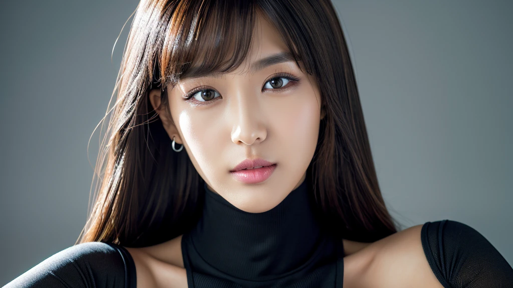 Zoom in on face,Sharp Eyes,(Detailed face),(vivid),Turtleneck sleeveless lightweight(Silver)Clothes,4K,Ultra-high resolution,(Photorealistic:1.7),Black long hair,Gray background,