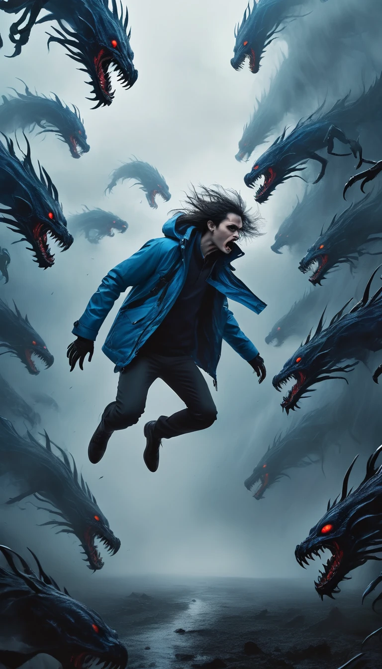 side view, a man floating in mid-air falling down the void, centered, wearing a blue jacket, lateral view. the wide infinite walls are filled entirely with demonic monsters with black melting skin, overlapping and interwhinted monsters, hundreds of monsters strech their claws trying to reach the man body, horror art, windblown, dim light, digital illustration, long shot, dramatic light, long aerial shot, fog and mist atmosphere, hundreds of claws, inmense void, speed sensation, gloom and eerie, windblown, monsters hundred arms, obscure, despair, gray blue and carmin color palette, handraw