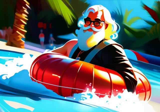 Santa on vacation, 🎅 🏝️ , santa relaxing on a waterpark lazyriver innertube, floating along, holding a cocktail, rosy cheek smile, digital painting by charlie bowater and da vinci and michael garmash, Haddon Sundblom, tiago hoisel