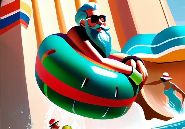 Santa on vacation, 🎅 🏝️ , santa relaxing on a waterpark lazyriver innertube, floating along, holding a cocktail, rosy cheek smile, digital painting by charlie bowater and da vinci and michael garmash, Haddon Sundblom, tiago hoisel