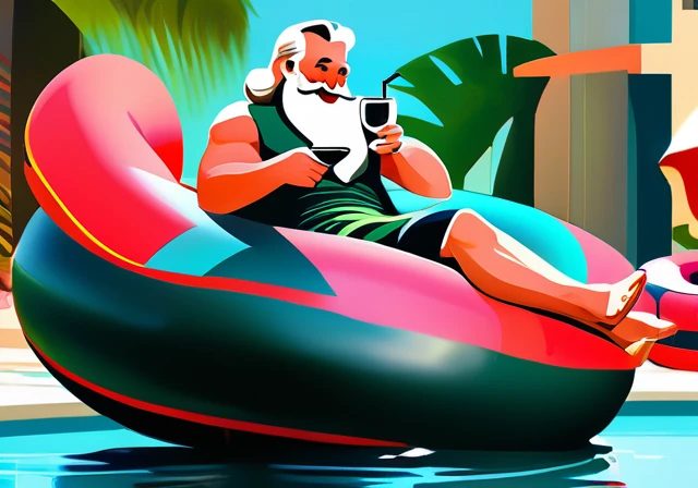 Santa on vacation, 🎅 🏝️ , santa relaxing on a waterpark lazyriver innertube, floating along, holding a cocktail, rosy cheek smile, digital painting by charlie bowater and da vinci and michael garmash, Haddon Sundblom, tiago hoisel