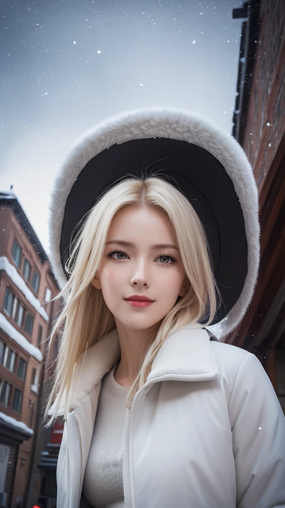 (masterpiece), (Highest quality), One girl, (Perfect Face:1.2), (Beautiful Face:1.2), Platinum Blonde Hair, (From below, Upper Body:1.3), Happy, A light smile, View your viewers, Pause,
winter coat, Outdoor, winter, snow, at night, Complex, Depth of written boundary, Cinema Lighting,