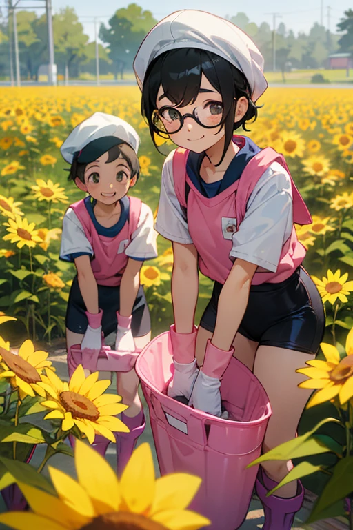A pair of elementary school students with freckles, glasses and narrow eyes, wearing short-sleeved gym clothes, black hair tied up, wearing large pink rubber gloves and white rubber boots, smiling as they pick safflowers. White gym cap