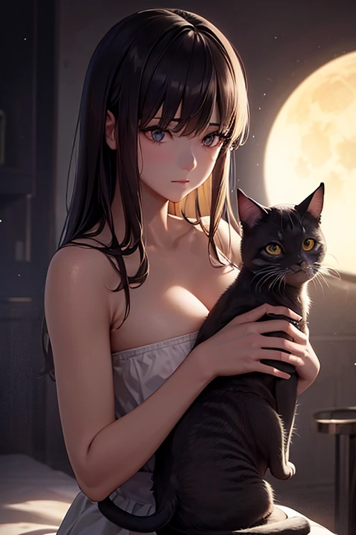 Create something realistic, Strong photo-like image, Resilient stray cat. The kitten looks contented and dignified., Despite the tough life. Capture the essence of the song, Depicts a kitten in a moonlit urban environment, There are signs of melancholy and determination in his eyes.. To reflect the lyrics、The scene should include elements such as a full moon and a city street. Enhance the mood with dramatic lighting and shadows, Make sure your images are highly detailed and realistic, A rich, deep color palette that emphasizes the strength of cats and the serenity of night.Adorable kitten、