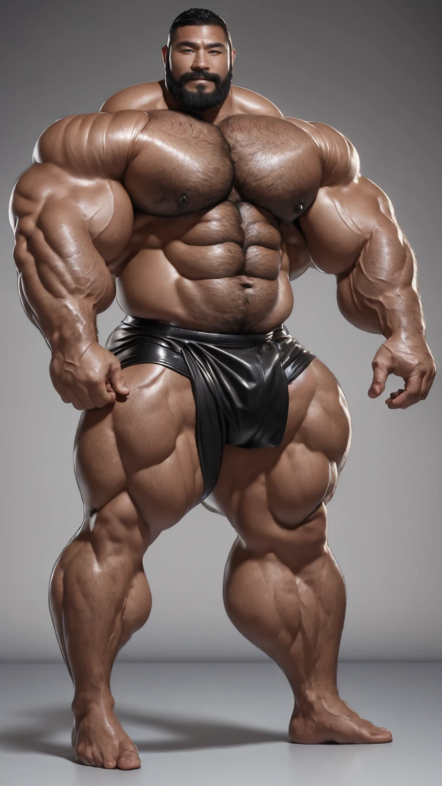 There is only one handsome Asian actor in the photo,35 years old,High target, Fitness,Smooth body,Smooth skin,No chest hair,short hair, O-Shaped Beard,Perfect body, Dark skin color,Radiant Skin,Smooth skin,Shiny, shiny skin,Smooth pectoral muscles,Muscle bulge, muscular, Very large pectoral muscles,Very sexy abdominal muscles,Very well-developed leg muscles,Huge concave and convex area,Brightens oily skin,Wear black leather tongs,Handsome face,Normal human toes,Correct and accurate male body proportions,,Standing in front of gray background