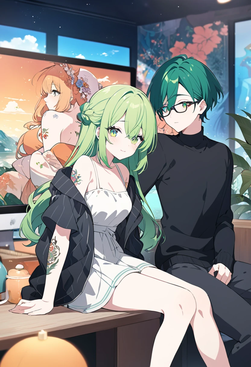 couple with green hair with orange and green eyes that shine in black glasses and tattoos and a beautiful fanart animation background