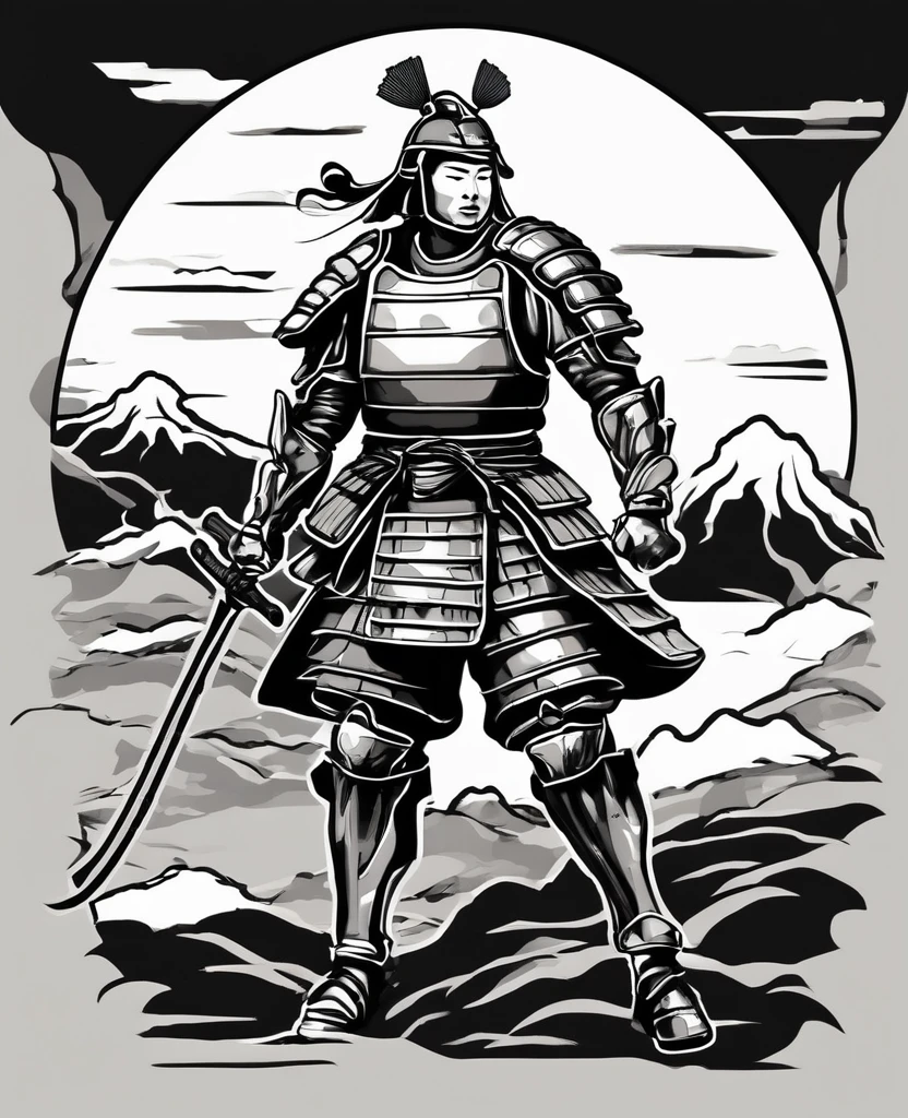 A dynamic, black and white cutout style depiction of a Japanese warrior in armor.