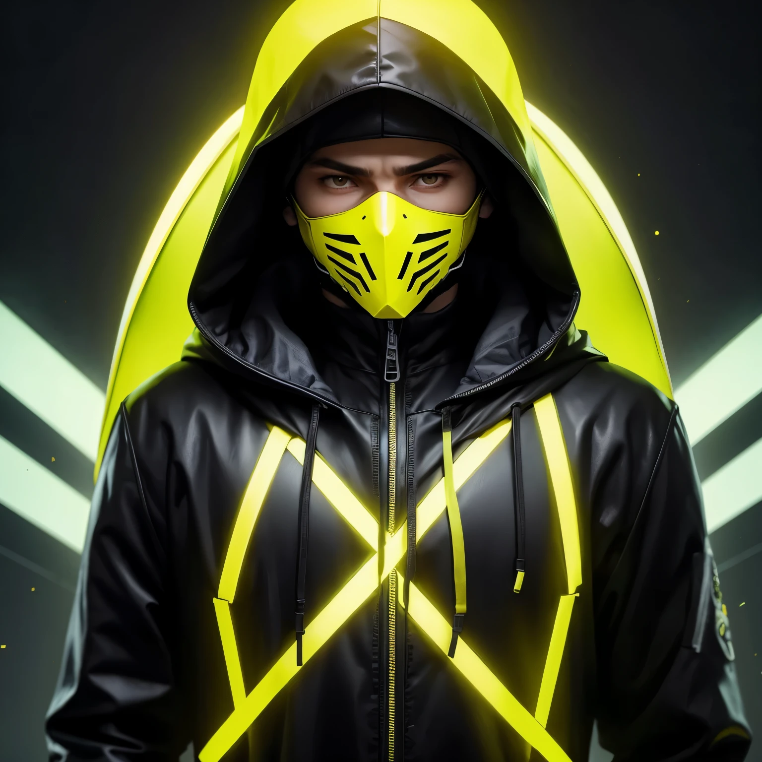 hooded male character in neon yellow, wearing a mask, with his hand in his pocket