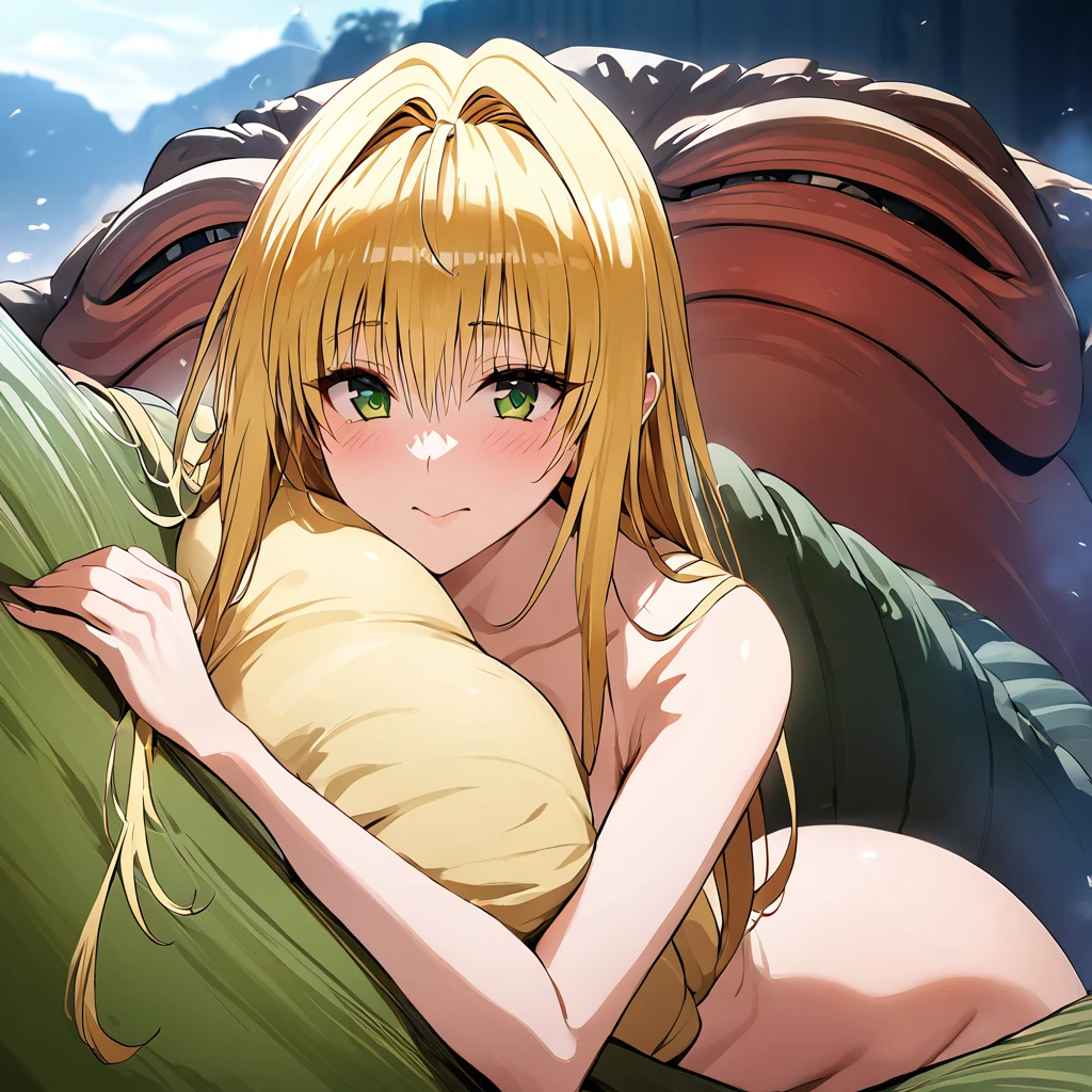 ((Highest quality)), ((masterpiece)), (detailed), （Perfect Face）、The woman is a female member of the Hutt clan, Tearje the Hutt, a giant slug-shaped alien like Jabba the Hutt, with green eyes and medium-length blonde hair.、The woman is snuggling up to Jabba the Hutt