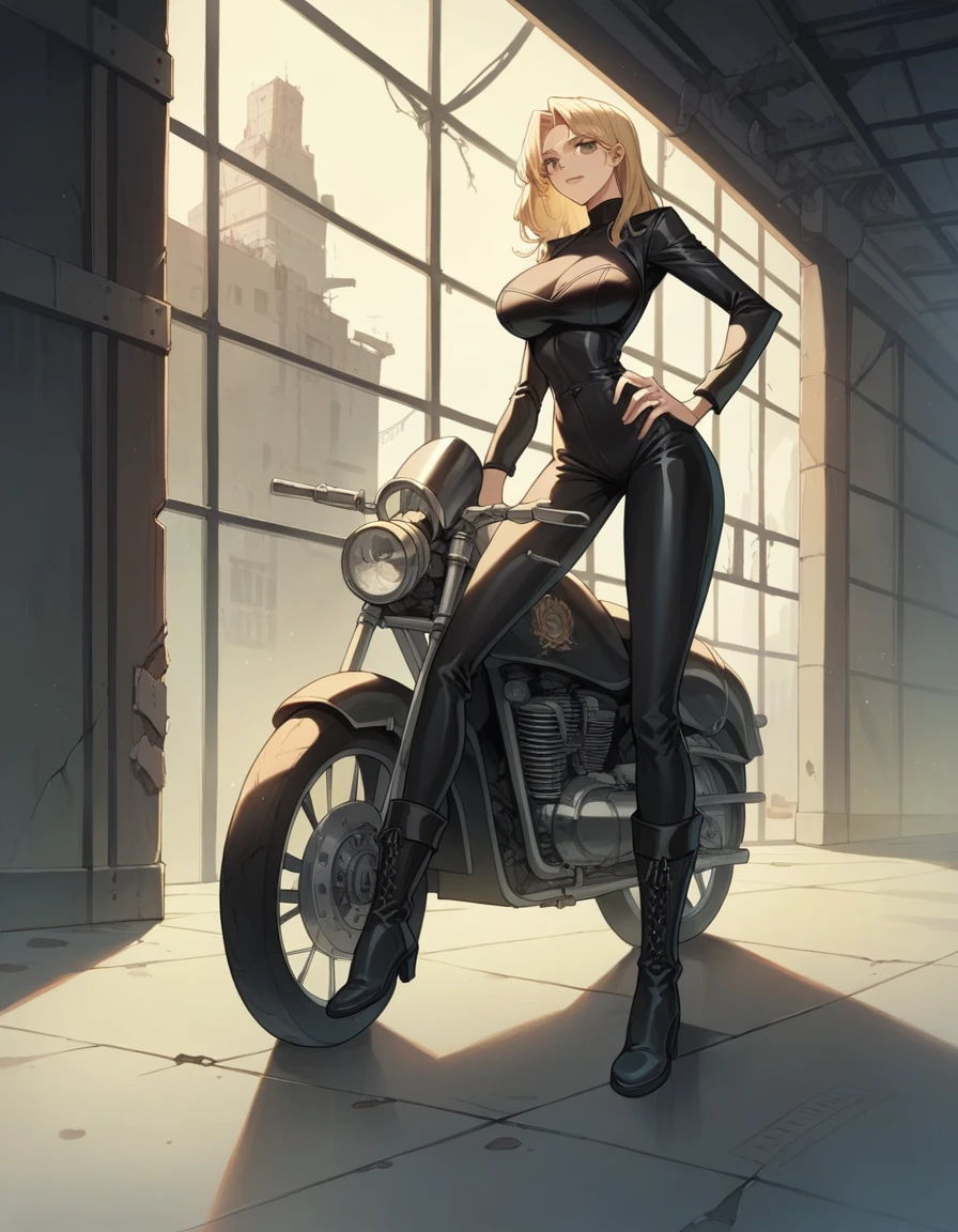 Masterpiece, best quality, Masterpiece, best quality, 1 woman, long blonde hair , black leather motorcycle suit , big breasts , abdomen , Long legs , Put your hands on your hips. , boots , full body , abandoned factory , at night