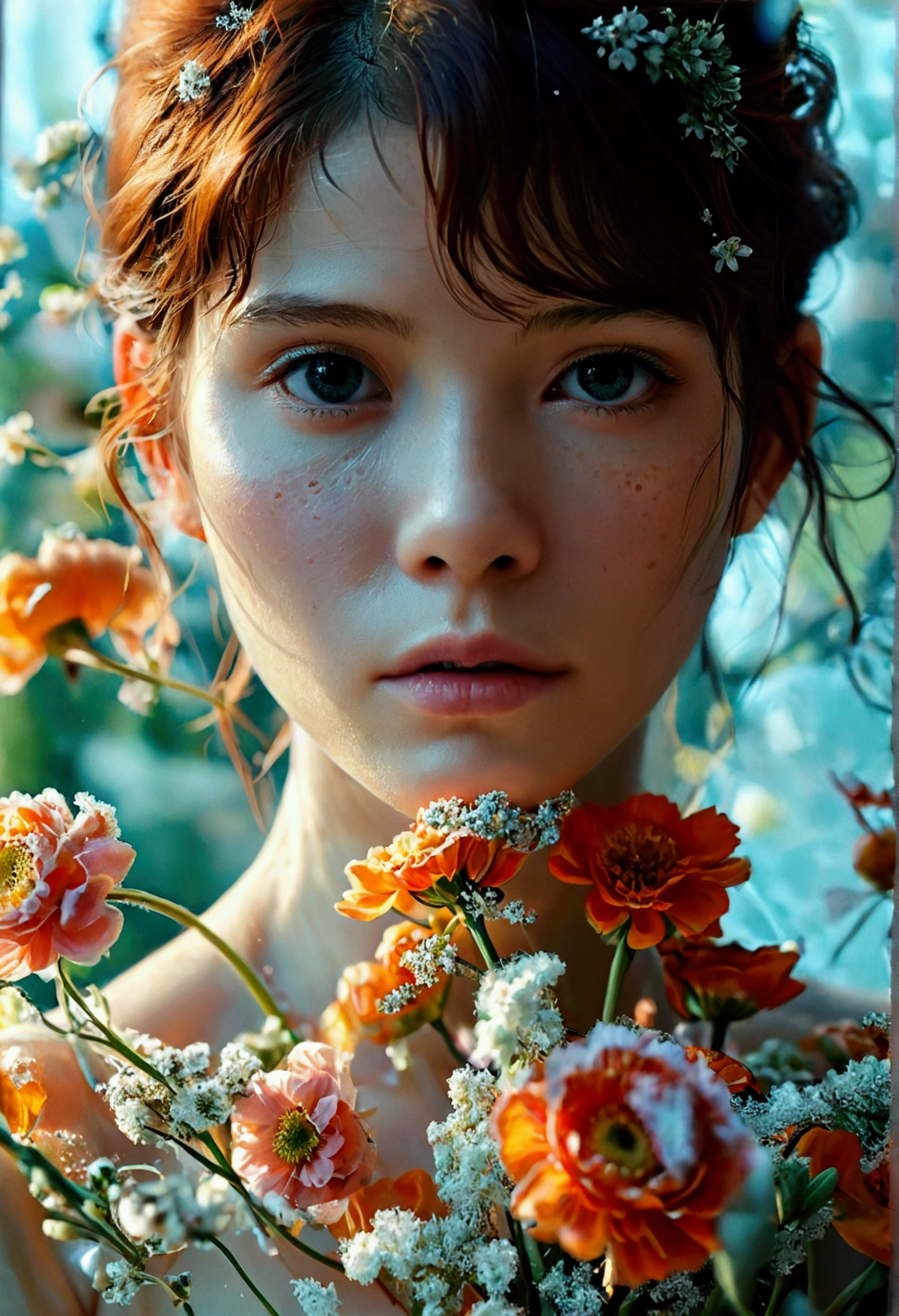 a close up of a woman (kate mara, age 25, nude) holding a vase of flowers, with flowers, magazine photo, by Ayami Kojima, official artwork, jinyoung shin, with frozen flowers around her, by Ni Tian, dilraba dilmurat, jaeyeon nam, cynthwave, hwang se - on, mackenzie foy, by Zhang Han, park ji-min, by Jin Nong