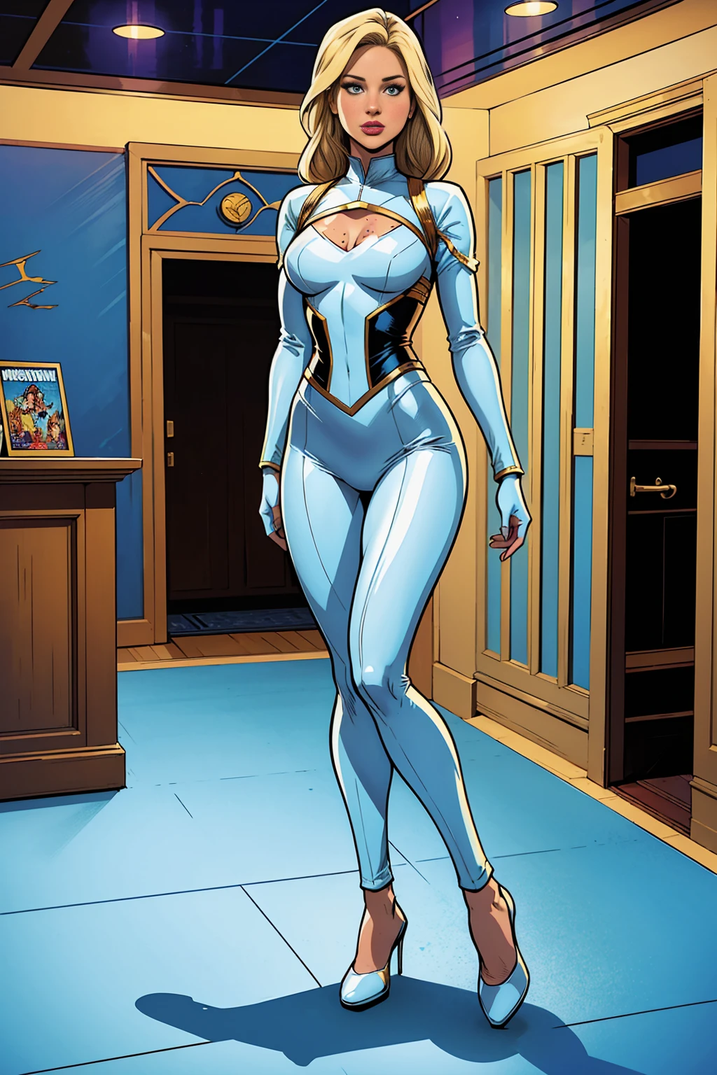 ((full body photo, standing, feet on the floor)) Comic Storyboard:1.8,Cartoon Comics,Comic Books:: Jennifer Lawrence,Selena Gomez(1 female) The full body of a 30-year-old blonde, Dressed in a beautiful capitana costume. ,In a futuristic house, marvel comics style, hyper HD, 24K UltraHD