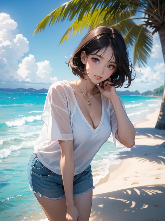 (Highest quality、masterpiece、High resolution、8K)、Vibrant colors、Young and beautiful woman 1、whole body、Brown and black short bob、barefoot、(Detailed face、Beautiful Eyes、Beautiful nose、Pretty lips)、Beautiful cleavage、A woman in a white T-shirt and shorts runs on the beach、Surprised Smile、Official Art、The background is the sea、blue sky、White waves and wide sandy beach、Wide forest、White Entrance Cloud、