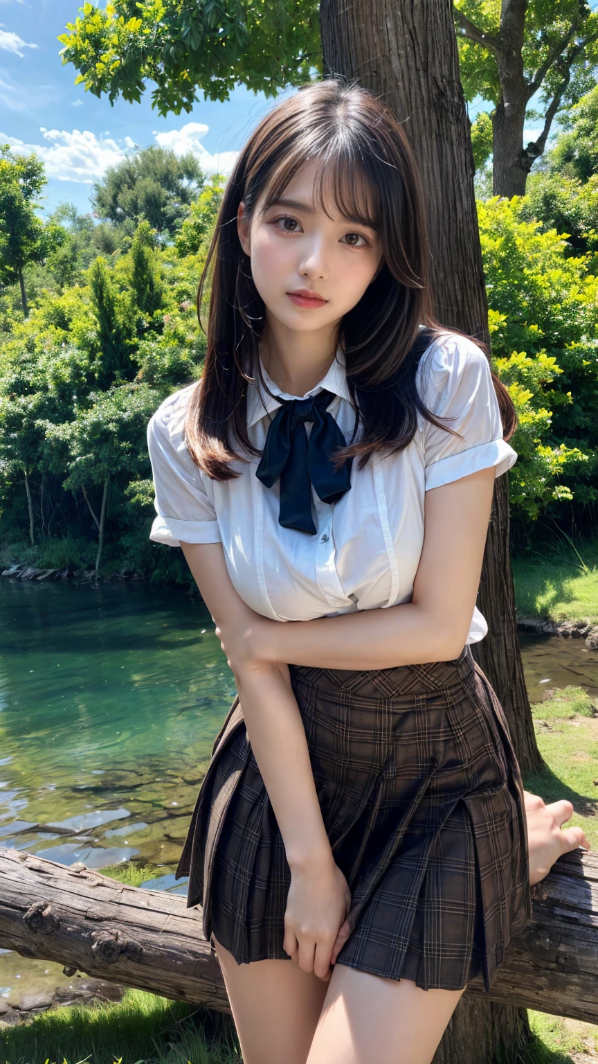 (absurdres:1.3), (highres:1.3), (ultra detailed:1.3),(1girl:1.3), (extremely detailed CG unity 8k wallpaper:1.3), (detailed skin texture, detailed cloth texture, detailed hair texture), (beautiful detailed face, supermodel, pale skin, realistic glistening skin), (RAW photo, best quality), (realistic, photo-realistic:1.4), masterpiece, extremely delicate and beautiful,Amazing, finely detail, extremely detailed CG unity 8k wallpaper, huge filesize, ultra-detailed, highres, absurdres, soft light,rim light, vibrant details, hotel room, straight hair, large breasts, black hair color, Big Natural Color Lip, (perfect body shape), beautiful legs, 20 years old, Beauty、Well-formed face、Make your eyes even、Large sagging eyes、Beautiful black hair、Has bangedium build、Well-balanced proportions、Arms wrapped around his back, hands tie behind back, Tartan plaid pleated skirt、Blue Short Sleeve Blouse、Beautiful scenery、(front view:1.3), Leaning against a large tree on the shore of a beautiful lake、