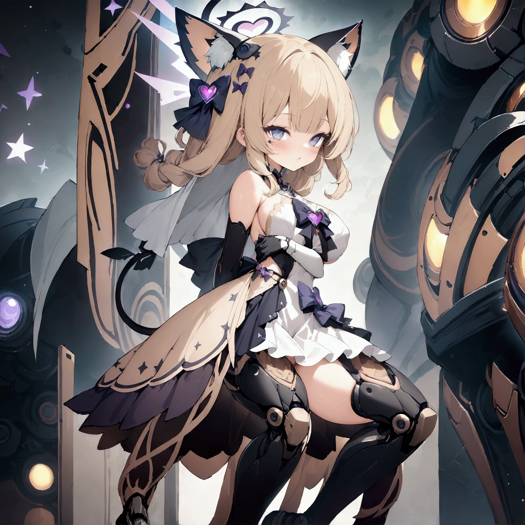 Woman 170cm tall, big chest, wide hip. (character design sheet: Full body front view). (blonde hair, hip length curly wavy hair, It's set in big side bangs., She has a short double braid tied with an elegant purple bow on the left side of her hair above her chest. She has a short double braid tied with an elegant purple bow on the right side of her hair above her chest. She has small ribbons in the back of her hair.). Gray eyes with a purple 4-pointed star in the pupil. Two black and purple serval ears located on the top of the head. Luminous black halo with purple star patterns above his head. black necklace with a heart emblem on the neck. (Elegant one-piece long dress with lace and ruffle skirt, ribbon decorations and star patterns on the dress). black gloves, beautiful black platform heels. gray belt at the waist with a large ribbon with a luminous pink heart in the middle. He has a complex demon tail with a small purple star on the tip.. (It has complex mechanical legs that reach up to the thighs and are black with small purple details.). beautiful detailed hair, beautiful detailed dress. extremely detailed arms. extremely detailed face, small face, Beautiful detailed eyes, beautiful detailed lips. adorable. extremely detailed legs. (Best Quality, 4k, 8k, high resolution), ultra detailed, Exquisite and epic character art.