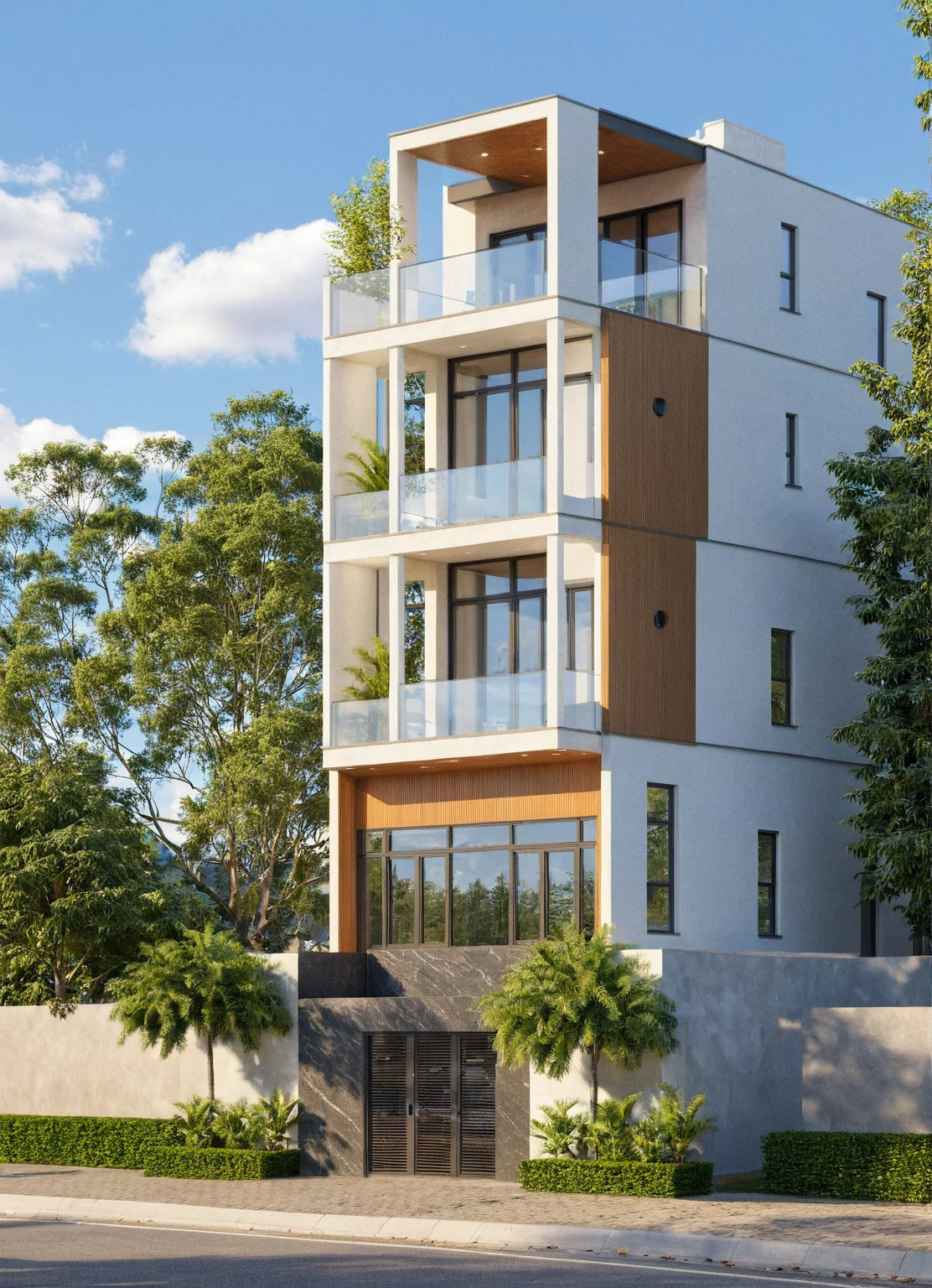 Photo brute,chef-d&#39;artwork, high quality, best quality, authentique, Great detail,
Outside, en plein air, style de maison moderne dans la rue, glass windows, grille, plafond en bois,
route,pavement, des arbres, ciel, nuage, (day light:1.1)