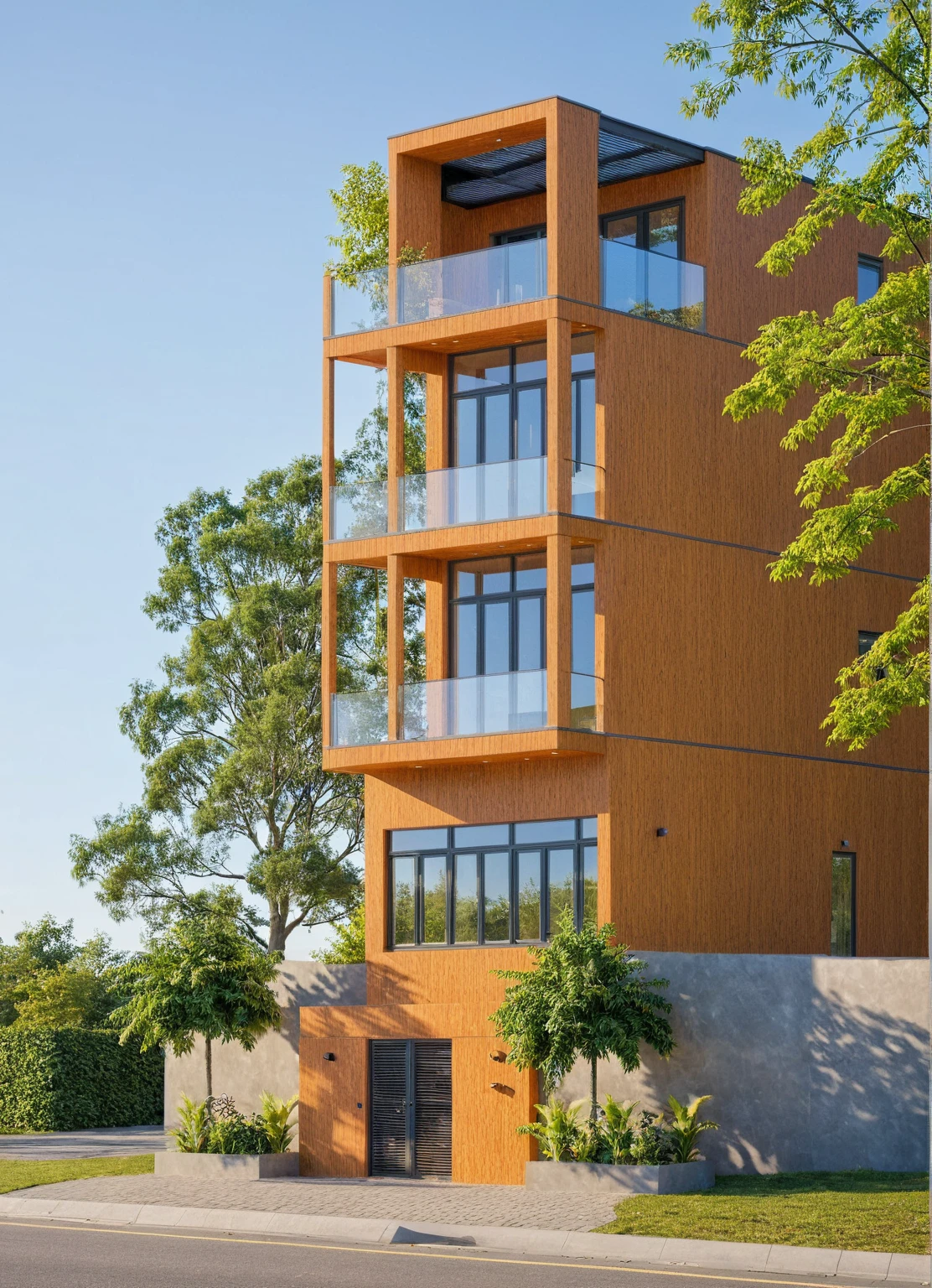 Photo brute,chef-d'artwork, high quality, best quality, authentique, Great detail,
Outside, en plein air, style de maison moderne dans la rue, glass windows, grille, plafond en bois,
route,pavement, des arbres, ciel, nuage, (day light:1.1)