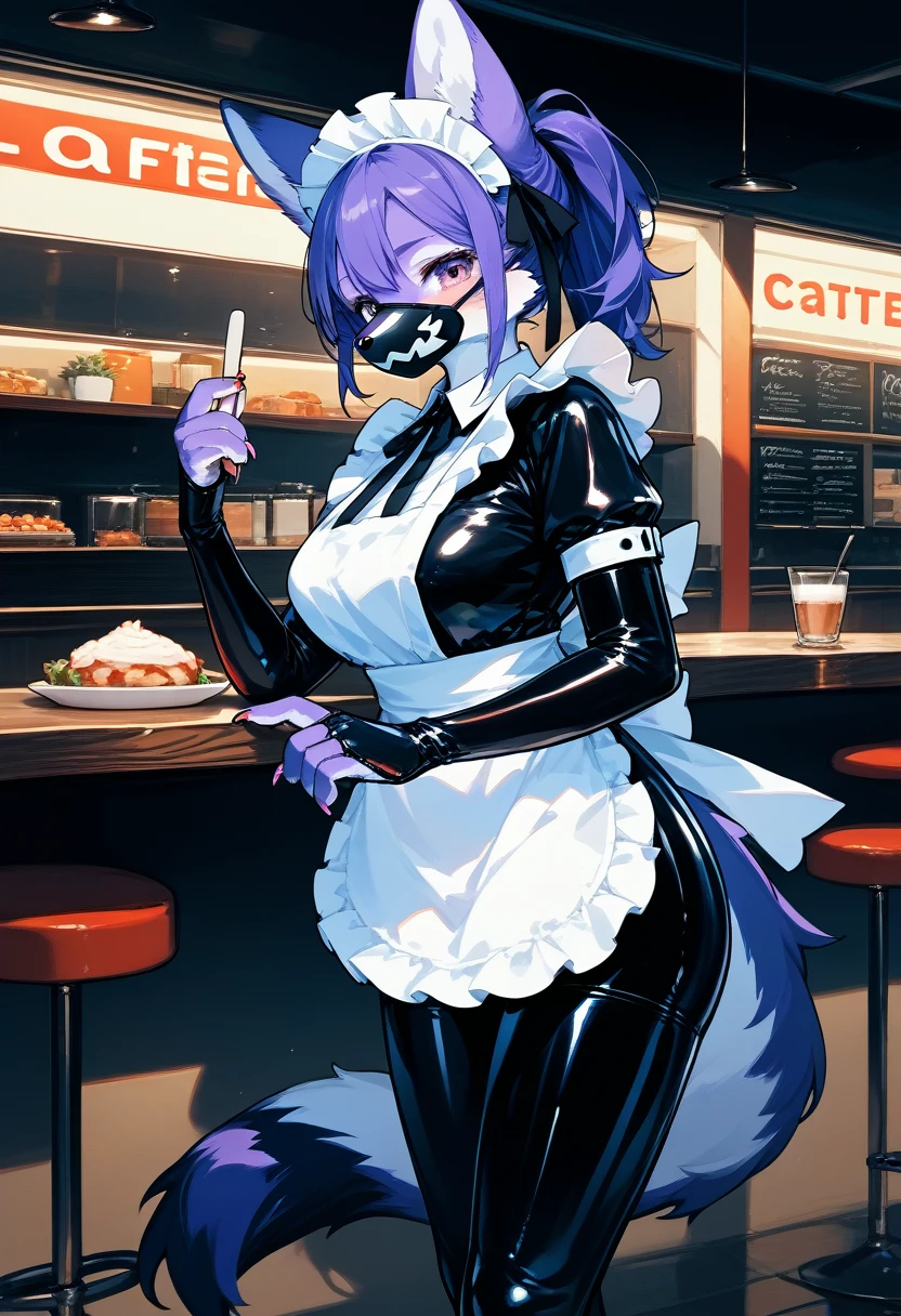Highest quality, Highest quality, High quality illustrations, masterpiece, Ultra-high resolution, Detailed Background, Cafe, Absurd, Perfect Anatomy, performance, Good lighting, Shadows in the movies(kemono, Furry Personifi猫ion), Purple Skin, Rubber suit, Rubber suit, latex, neon, neonライト, neonカラー, Rubber maid outfit, ribbon, Rubber mask