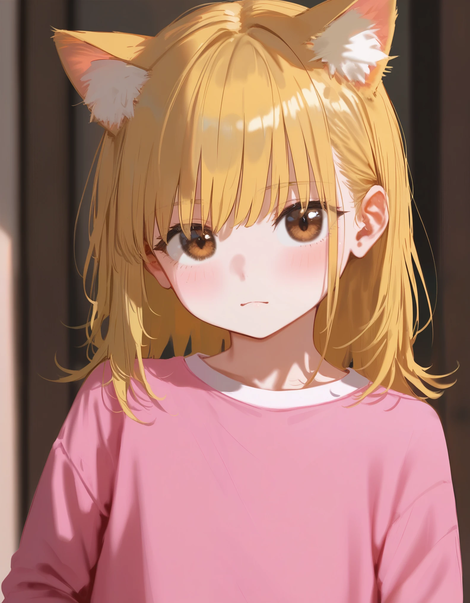 score_9, score_8_up, 1girl, kawaii, animal ears, blonde hair, brown eyes, looking at viewer, upper body, animal ear fluff, pink shirt, blurry, long sleeves, depth of field