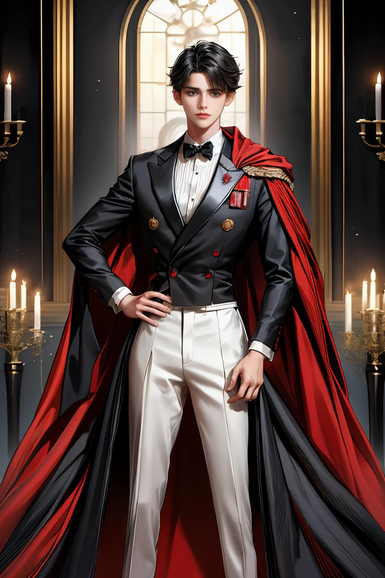 masterpiece, 最high quality, high quality, 1 boy, alone, Male focus, Watching the audience, Messy black hair, Adorable big blue eyes, White people, Noble, Noble,Sexy voluminous black and red cape、Tuxedo、A very voluminous, large, very large, very large, long, long red and black cape with a high stand-up collar, reaching down to the floor, made of a lot of fabric., 17 years old,Cute beautiful boys,Cute, cute, kind, handsome guy