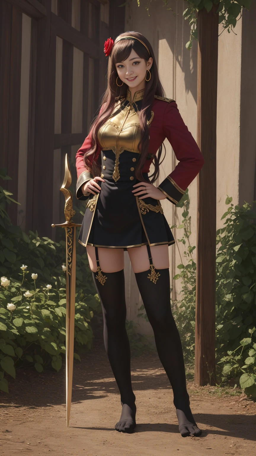 ((Full-length photo, standing, feet on the ground))  ybv1, 1girl, smile, hands on hips, hair flower, gold earrings, gold hairband, holding weapon, dual wielding, long hair, red eyes, rose, short hair with long locks, sidelocks, black thighhighs, thighhighs