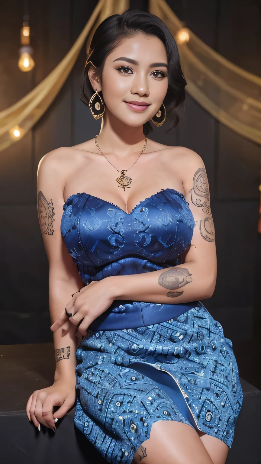 (realistic:1.3), A beauty girl with tattoos on body, beautiful art tattoo detailed, ((text tattoo on her legs: Fuck Me)), detailed beautiful eyes, big breast, cute chubby, baby face, insane detailed, quality, (masterpiece:1.2), (photorealistic:1.2), (best quality), (detailed skin:1.3), (intricate details), ray tracing, ((half body)), (((1girl))), (((1 person))), 20 years old, short hair, smile, blue dress, skirt with pattern, color contrast between the dress and the skirt, skirt pattern, earrings, necklace, Javanese ornament, (blurred background)