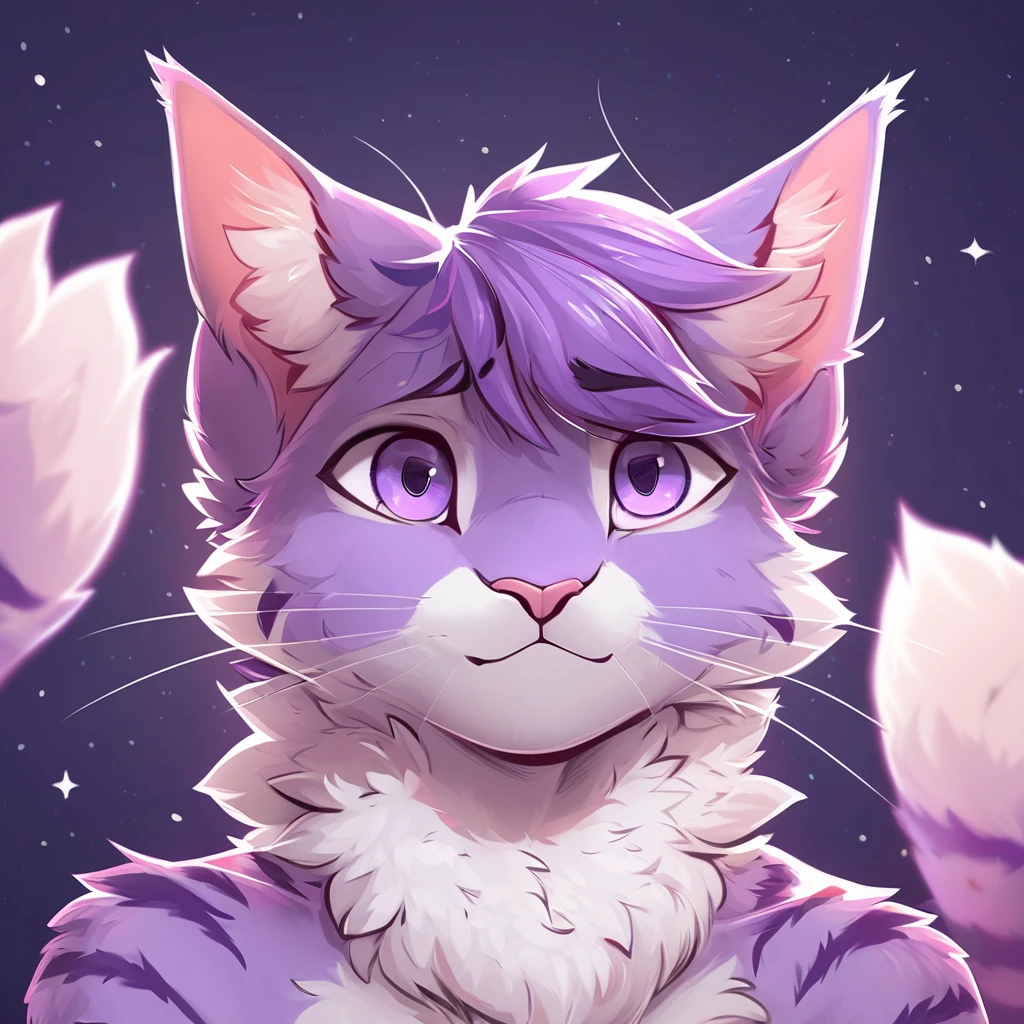 adult, feline, mammal, anthro, anthropomorphic, cat, striped, fur, striped_feline, fur, male, light_purple_fur, purple_hair, fluffy, white_chest, shy, small_pupils, digital_art, high_resolution, high_res, detailed, hand-drawn, pencil_lines, head_visible, background, neck_visible, seductive_face, detailed_line_work, profile_picture, head_visible, neptune_background, purple_background, cute, white, posing, finger_paws, dream_pose, headshot, head_only, small_pupils, seductive_face, tufts, paws, chest, glossy_fur, vibrant_colors, expressive_eyes, elegant_pose, high_quality