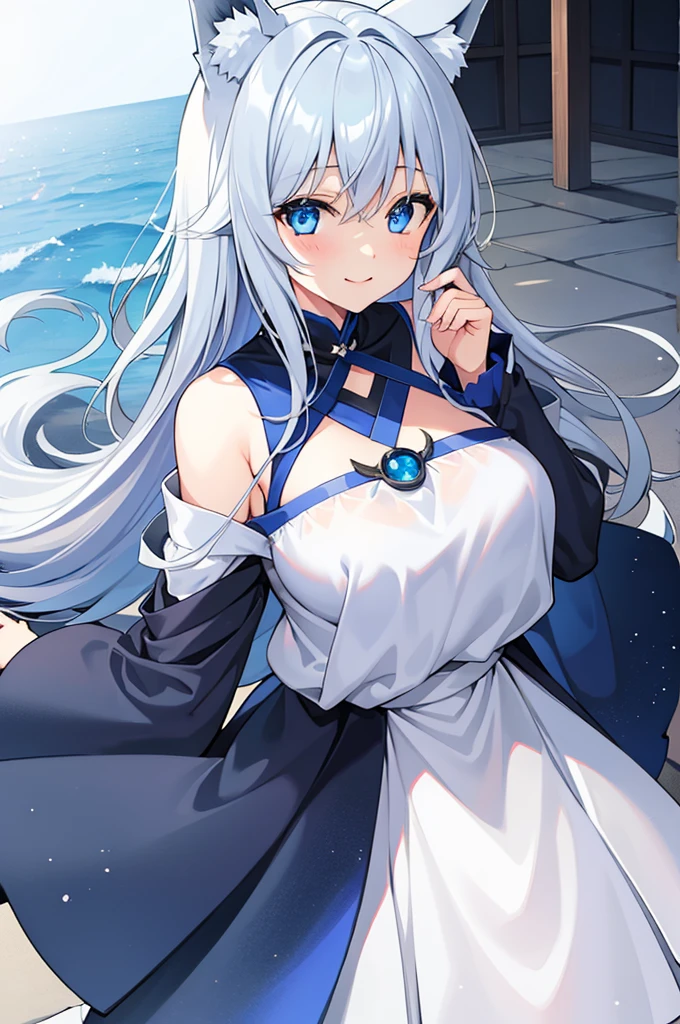 girl、fubuki1、smile、Gray Hair、Long Hair、Fox Ears、blue eyes、Fox&#39;s Tail、Fox Girl、