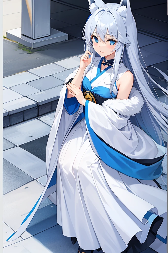 girl、fubuki1、smile、Gray Hair、Long Hair、Fox Ears、blue eyes、Fox's Tail、Fox Girl、
