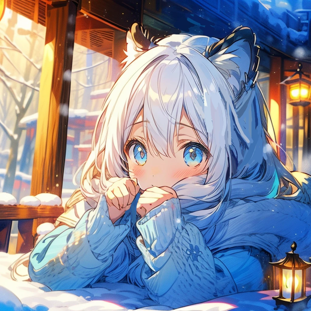 (1人のGirl),Lighting a lantern in the snow, Winter Goddess, Brightly colored eyes, Elaborate and delicate ornaments and dresses, Detail view, Vibrant colors, high quality, Airy, A wonderful masterpiece, Vibrant colors, Fine Lines, (((静かなWinter forest))), ((Animal Ears)), fluffy, Winter forest, Big eyes, Snowstorm, ユキヒョウのGirl, White Breath, Chiquita, Girl, , 、Big snow leopard ears and tail、Too much hair、7--old l、6-year-olrl、GrHair、((Gray Hair)),