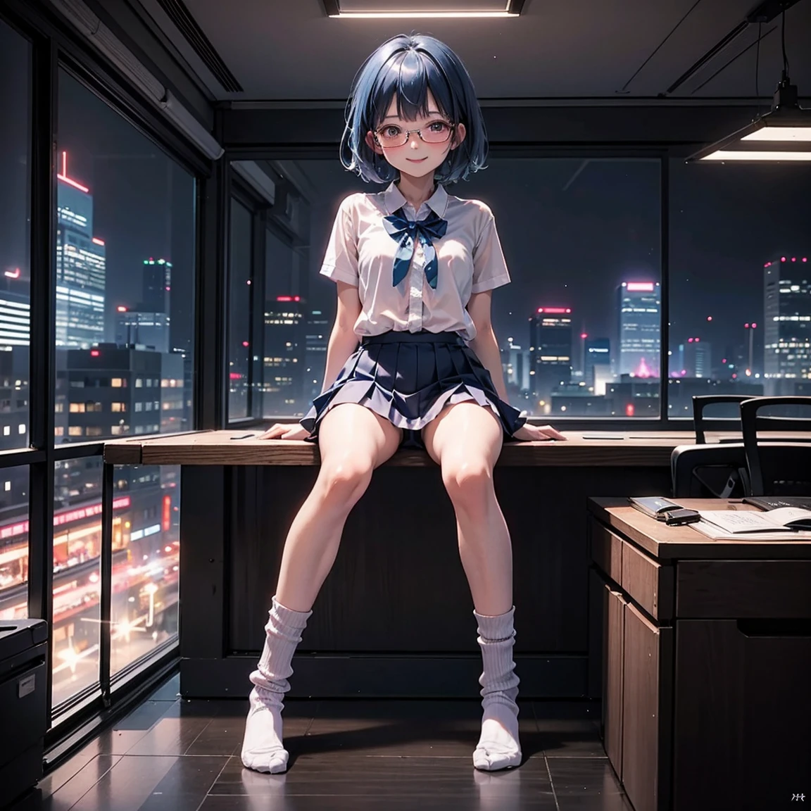 One woman（10 years old）、Short、Young face、smile、Long, blue hair、Thin glasses、White clothes、See-through shirt、ribbon、Short pleated skirt、Pink underwear、loose socks、Inside a skyscraper office at night、Spread your legs、Thin and lean legs、both hands tied and restrained