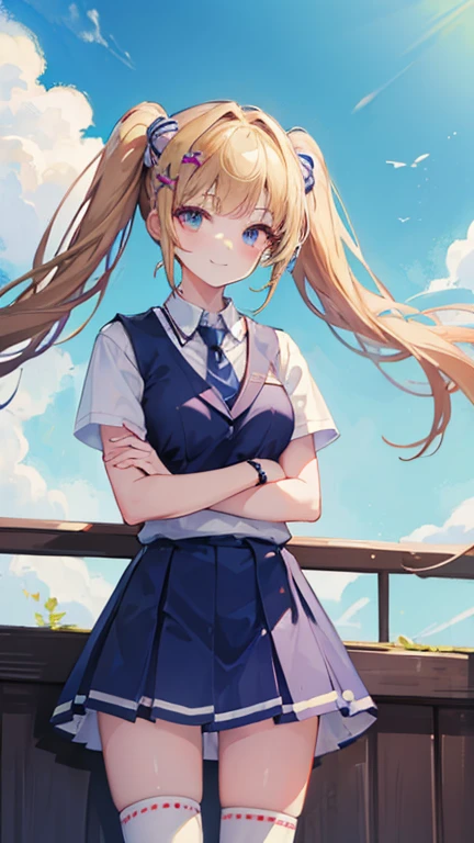 (masterpiece, Highest quality:1.2), Cowboy Shot, alone, One girl, Alicia Melchiot, smile, View your viewers, Arms crossed, Twin tails, Head ornament, uniform, tie, Knee socks