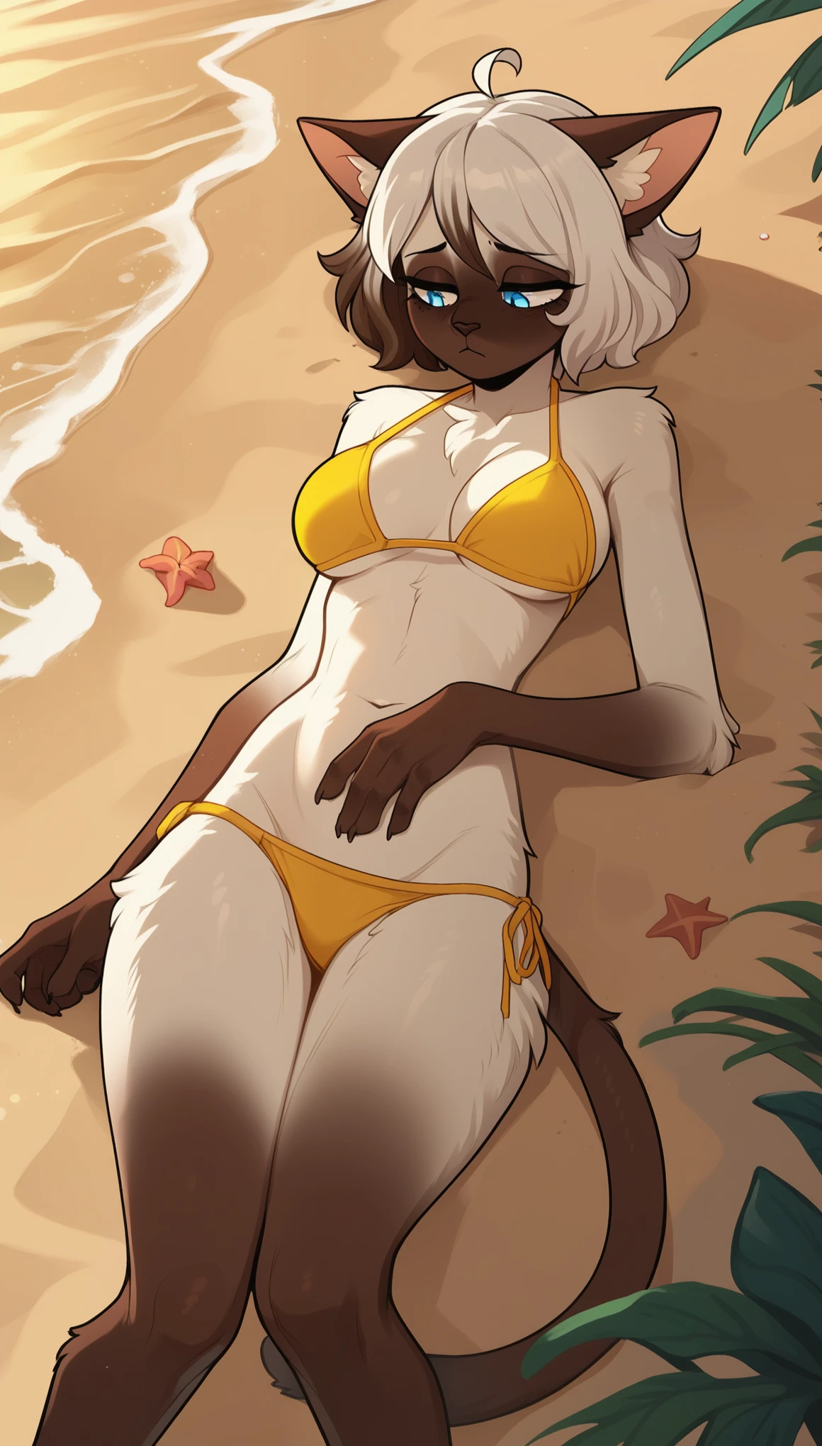 (by Kilinah, by Coffeesoda, by Hioshiru, by Kilinah), tired expression, 1girl, anthro, furry, fur, fluffy fur, siamese cat, cat girl, white hair (brown highlights), blue eyes, short hair, full body, (19 years), big , thicc thighs, solo, (beach), sunset, half-closed eyes, detailed, yellow bikini, depressed, sad, sunset, laying on the ground, score_9, score_8_up, score_7_up, score_6_up, score_5_up, score_4_up