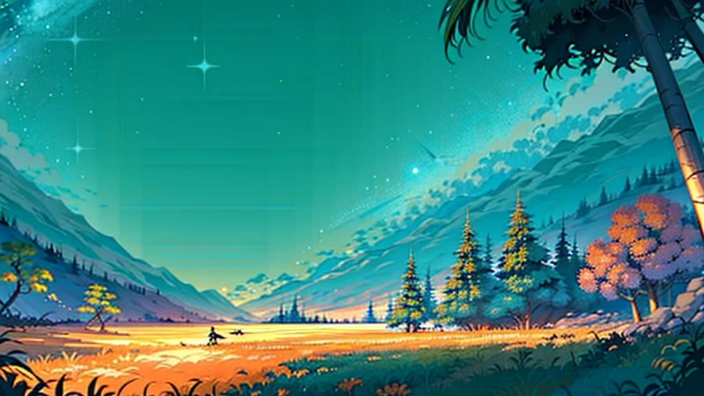 A boy is sitting by a campfire, looking at the horizon at night. In the background, there is a stunning panoramic landscape with majestic mountains, a dense forest, a serene beach with palm trees gently swaying in the wind, and a dazzling starry sky. The scene is happy and colorful, capturing the serenity and natural beauty of the surroundings.