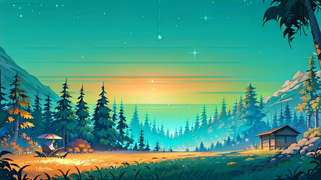 A boy is sitting by a campfire, looking at the horizon at night. In the background, there is a stunning panoramic landscape with majestic mountains, a dense forest, a serene beach with palm trees gently swaying in the wind, and a dazzling starry sky. The scene is happy and colorful, capturing the serenity and natural beauty of the surroundings.