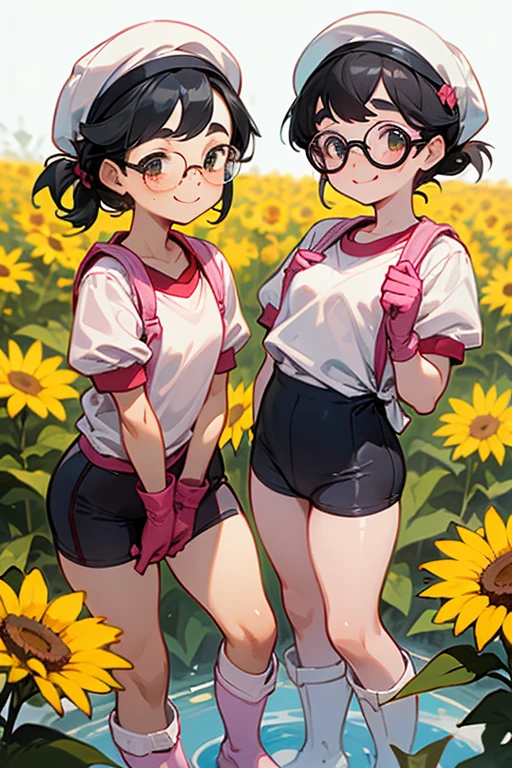 A pair of elementary school students with freckles, glasses and narrow eyes, wearing short-sleeved gym clothes, black hair tied up, wearing large pink rubber gloves and white rubber boots, smiling as they pick safflowers. White gym cap