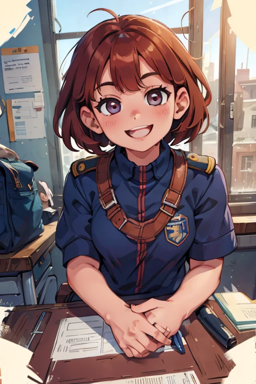 One girl. Perfect face. Perfect hands. A copper haired girl with copper  eyes wearing a navy uniform is sitting on a school desk with a big smile