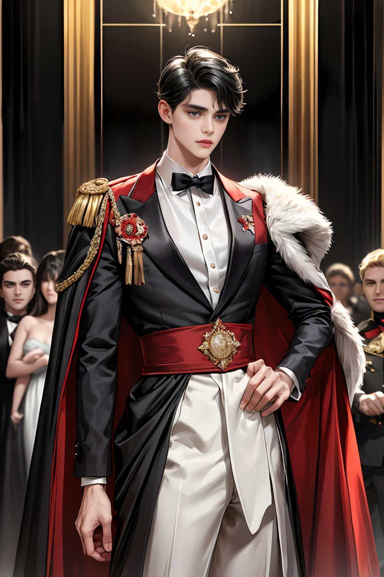 
masterpiece, 最high quality, high quality, 1 boy, alone, Male focus, Watching the audience,  Messy black hair, Adorable big blue eyes, White people, Noble, Noble,Sexy voluminous black and red cape、Tuxedo、A very voluminous, large, very large, very large, long, long red and black cape with a high stand-up collar, reaching down to the floor, made of a lot of fabric., ,Cute beautiful boys,Cute, cute, kind, handsome guy