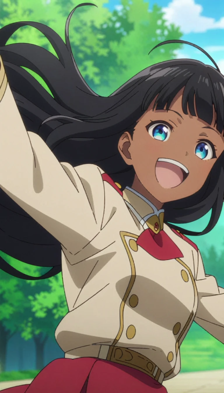 High quality,anime screenshot,4k,happy,smiling,straight bangs,long flowy hair,black hair,round blue eyes,happy,jump,beige uniform,red bow on uniform,red skirt,brown skin