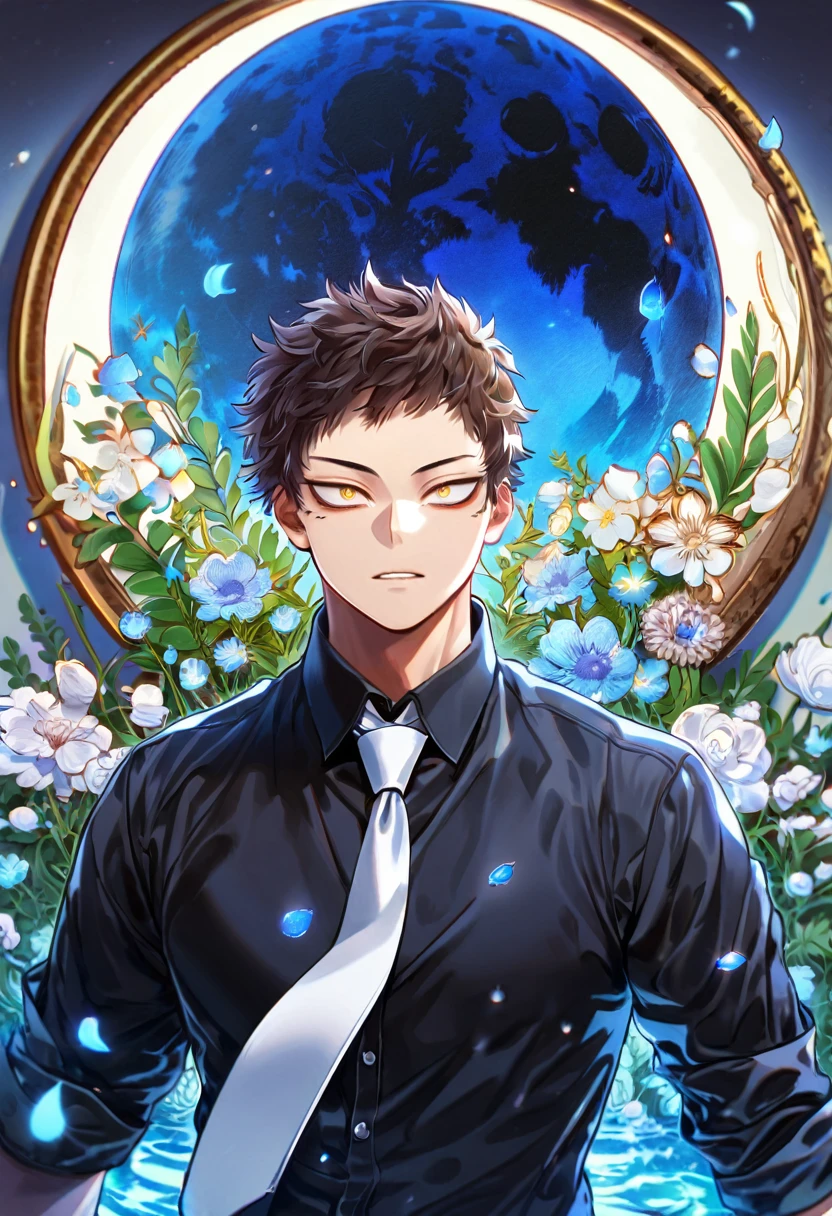 absurdres, highres, ultra detailed, HDR, master piece, Overhaul, brown hair, short hair, short bangs, expressive golden eyes, long lashes, Boku No Hero Academia, sexy man, solo, handsome, best quality, blue moon, flowers, fantasy, magical, water, blue shining fireflies, blue petals, black shirt, white necktie
