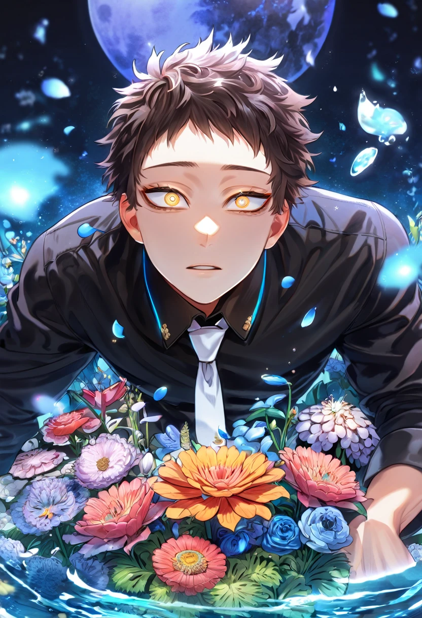 absurdres, highres, ultra detailed, HDR, master piece, Overhaul, brown hair, short hair, short bangs, expressive golden eyes, long lashes, Boku No Hero Academia, sexy man, solo, handsome, best quality, blue moon, flowers, fantasy, magical, water, blue shining fireflies, blue petals, black shirt, white necktie