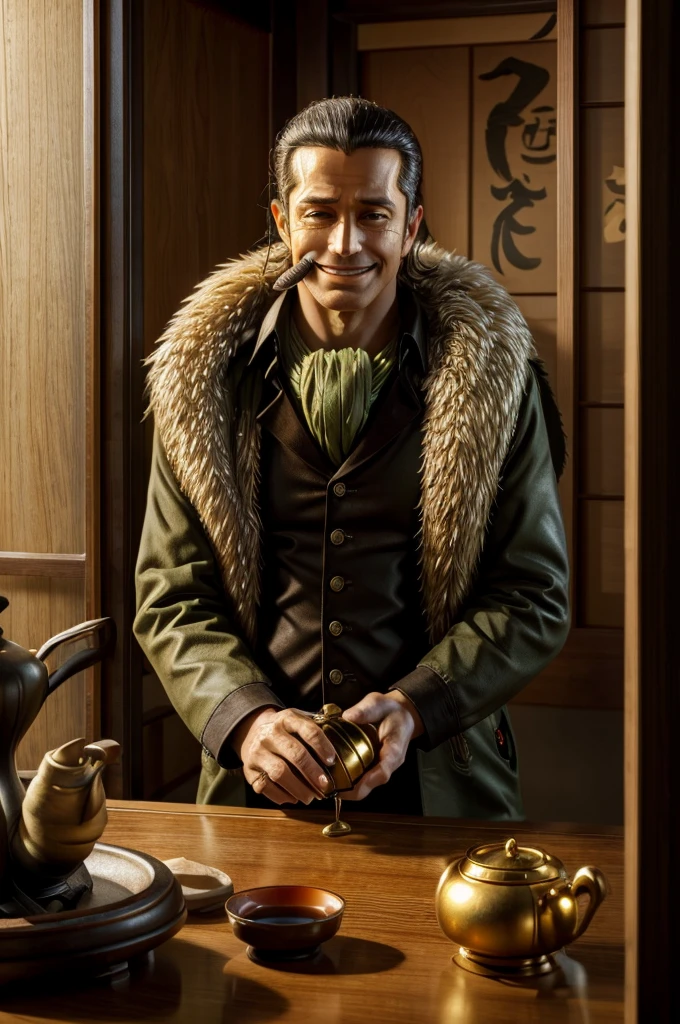 masterpiece, best quality, extremely detailed, hyperrealistic, photorealistic, a cool 40s man, ultra detailed face:1.2, fur-trimmed coat, scarf around the neck, his left hand is a golden pirate hook:1.1, cigar, sly smile, ryokan, traditional japanese tea house, traditional japanese room, japanese style table, tea master prepares matcha with meticulous precision, the serene garden visible through sliding doors