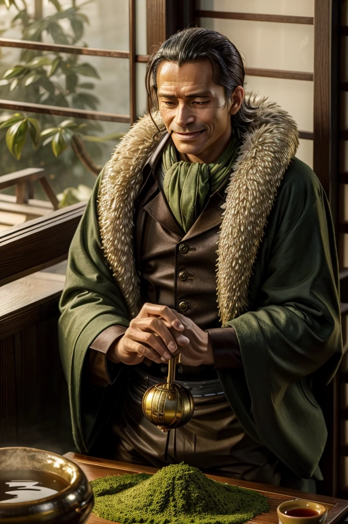 masterpiece, best quality, extremely detailed, hyperrealistic, photorealistic, a cool 40s man, ultra detailed face:1.2, fur-trimmed coat, scarf around the neck, his left hand is a golden pirate hook:1.1, cigar, sly smile, ryokan, traditional japanese tea house, traditional japanese room, japanese style table, tea master prepares matcha with meticulous precision, the serene garden visible through sliding doors