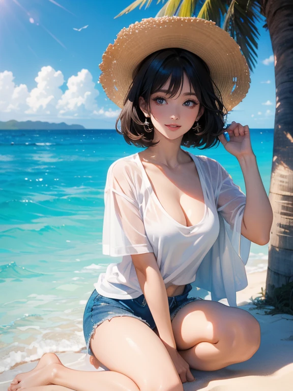 (Highest quality、masterpiece、High resolution、8K)、Vibrant colors、Young and beautiful woman 1、whole body、Brown and black short bob、barefoot、(Detailed face、Beautiful Eyes、Beautiful nose、Pretty lips)、Beautiful cleavage、A woman wearing a white T-shirt and shorts、Ride along the sandy beach、Surprised Smile、Official Art、The background is the sea、blue sky、White waves and wide sandy beach、Wide forest、White Entrance Cloud、