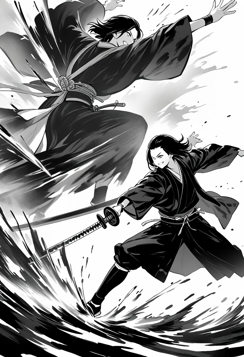 Ink painting,Black and white painting,splash,((smile)),Medium Hair,Samurai,Black kimono,haori,(Intense sword fighting scene with outstretched arms),Drawing strokes drawn with rot ring 0,Dynamic movement and powerful brushstrokes、