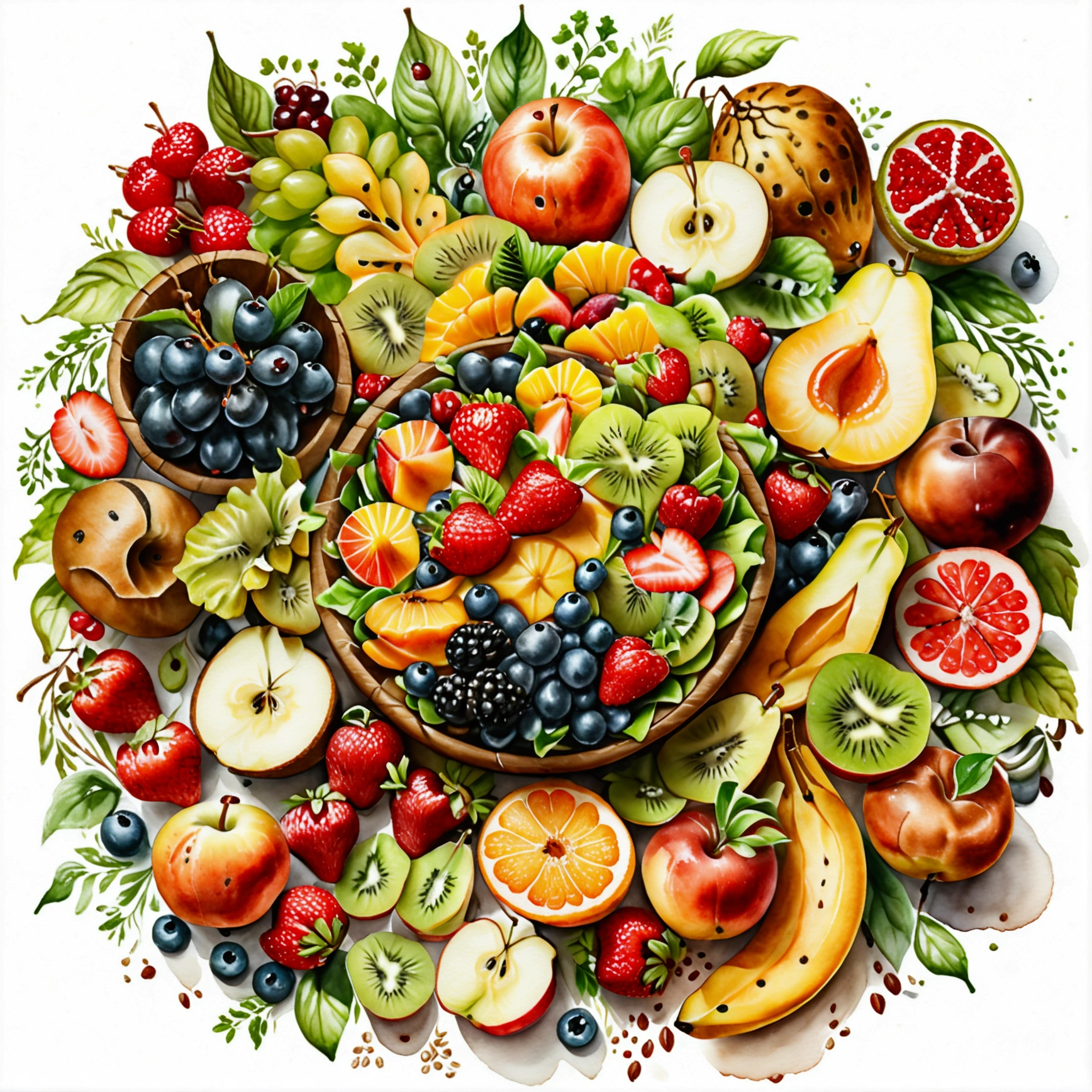 There are salad made of different fruit , fresh and creamy, served in classy medieval age wooden bowl, illustration, baking ingredients, isolated with solid white background, surrounded with negative space, centered composition, 8k, highest detailed painting, very precise painting, Isolated, clear solid white background, perspective angle of view, ((watercolor:1)), clip art, (lora:add-detail-xl:1), (masterpiece), (best quality), no bread on the floor,