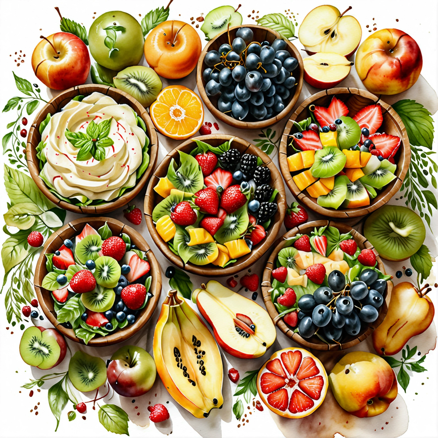 There are salad made of different fruit , fresh and creamy, served in classy medieval age wooden bowl, illustration, baking ingredients, isolated with solid white background, surrounded with negative space, centered composition, 8k, highest detailed painting, very precise painting, Isolated, clear solid white background, perspective angle of view, ((watercolor:1)), clip art, (lora:add-detail-xl:1), (masterpiece), (best quality), no bread on the floor,